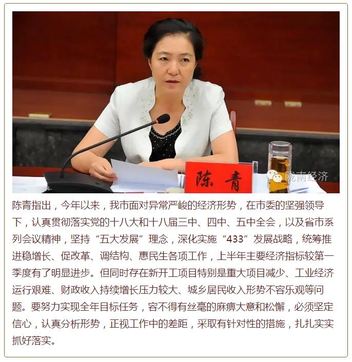陳青在市政府全體會議上強(qiáng)調(diào)：緊盯一個目標(biāo)抓好九大任務(wù)落實強(qiáng)化三項保障，確保全市經(jīng)濟(jì)社會持續(xù)快速發(fā)展
